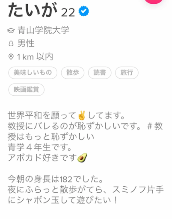 Tinderで100マッチした時のプロフィール